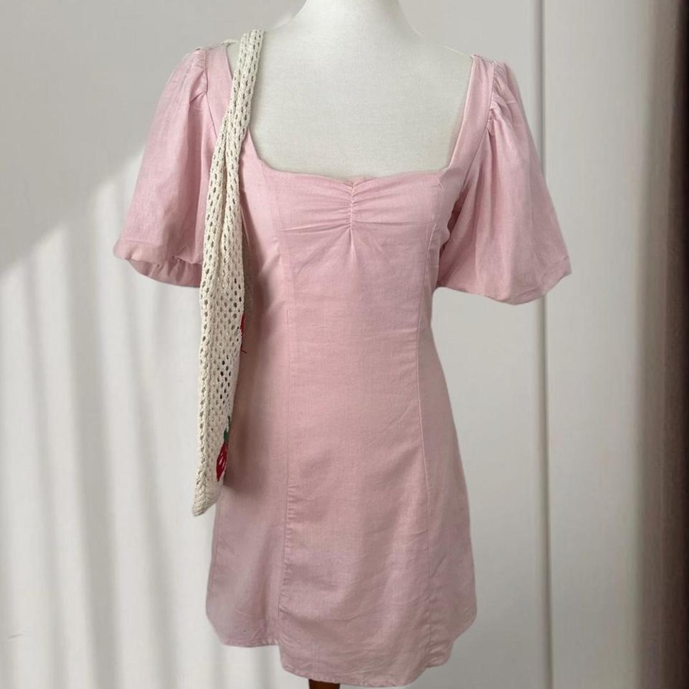 NWT H&M Pink Linen Blend Puff Sleeve Lace Up Back Mini Dress‎ Cottagecore